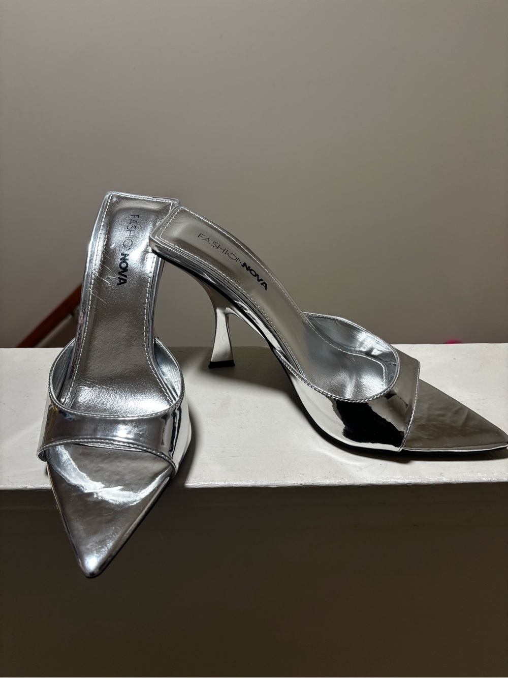Fashion Nova Metallic Silver Pointed Slip-On Mules